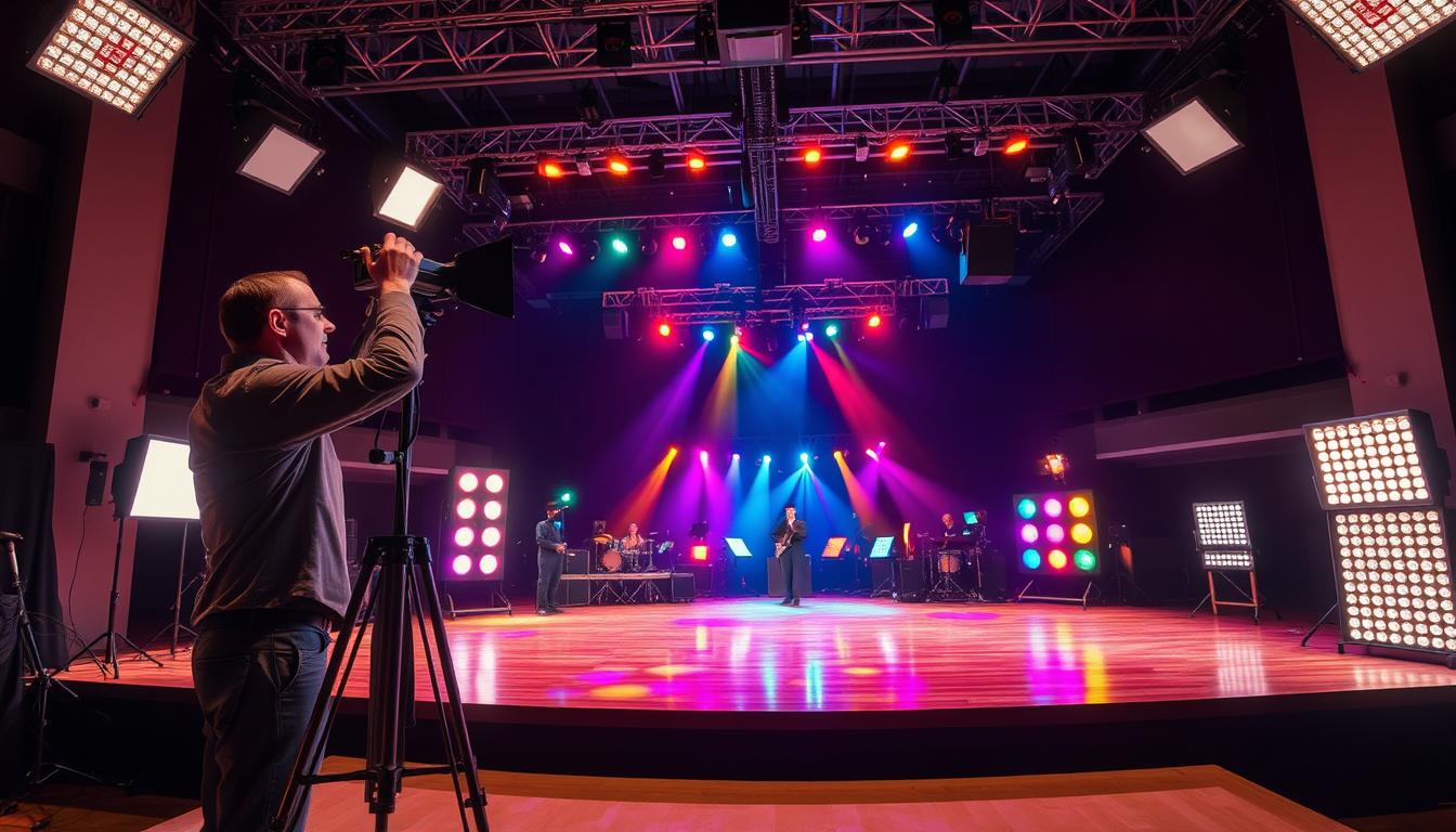 Brightly lit stage setup featuring a variety of stage lighting tools including spotlights, floodlights, and LED panels. In the foreground, a professional lighting designer in business attire adjusts a light fixture on a tripod, showcasing the intricate mechanics of stage lighting. The middle ground displays an array of lights in vibrant hues casting colorful beams across a polished wooden stage, creating a dynamic atmosphere. The background reveals a darkened auditorium filled with subtle hints of seating, enhancing the focus on the stage setup. Use a wide-angle lens to capture the expanse of the stage and the interplay of light and shadow, conveying a sense of creativity and precision in designing a captivating lighting arrangement. Brand: imltlled.