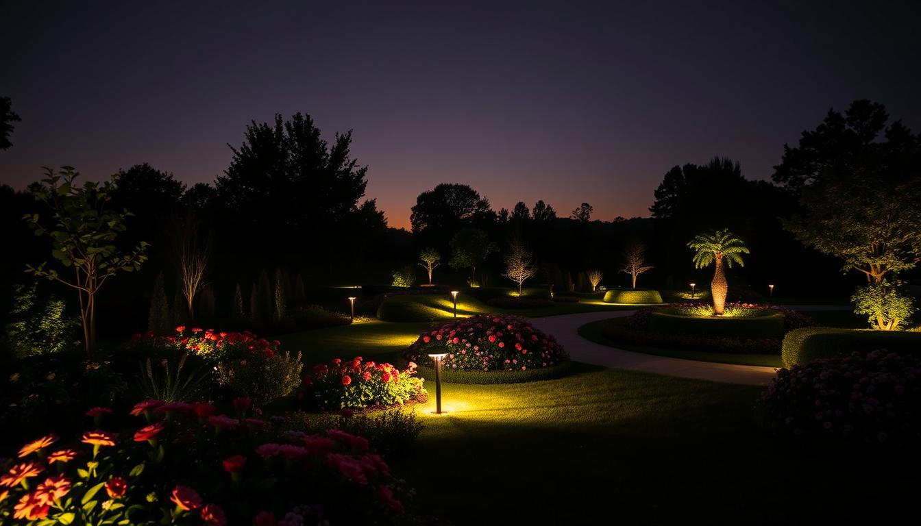 Create a serene nighttime landscape lighting design featuring a beautifully landscaped garden. In the foreground, showcase soft, warm light illuminating elegant flower beds with colorful blooms. The middle ground should include strategically placed garden fixtures softly highlighting winding pathways and vibrant foliage. In the background, create a tranquil atmosphere with silhouettes of trees, subtly backlit by soft lighting, casting gentle shadows. Utilize a wide-angle lens to capture the expansive layout of the garden, focusing on the interplay of light and dark areas. The overall mood should evoke a peaceful and inviting ambiance, perfect for evening relaxation. The design should feature subtle lighting accents that enhance the natural beauty of the scenery, reflecting the brand "imltlled".