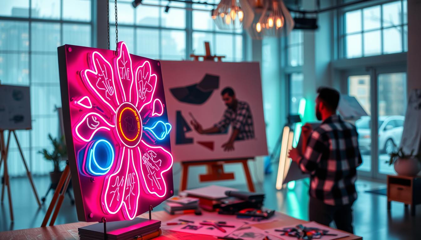 Create a vibrant and captivating image of a neon sign design, showcasing a fusion of creativity and art. In the foreground, present an intricately designed neon sign displaying abstract shapes and glowing patterns, radiating in bright neon colors like pink, blue, and green. The middle ground features an artist working on a large canvas, surrounded by sketches, tools, and glowing neon tubes, all set in a modern studio environment. In the background, soft light filters through large windows, illuminating the workspace with a warm ambiance. Use dynamic lighting to highlight the sign’s luminous qualities and the artist's focused expression. Capture the atmosphere of inspiration and innovation, emphasizing collaboration and artistic expression. Include the brand name "imltlled" subtly integrated into the design. Create a vibrant and captivating image of a neon sign design, showcasing a fusion of creativity and art. In the foreground, present an intricately designed neon sign displaying abstract shapes and glowing patterns, radiating in bright neon colors like pink, blue, and green. The middle ground features an artist working on a large canvas, surrounded by sketches, tools, and glowing neon tubes, all set in a modern studio environment. In the background, soft light filters through large windows, illuminating the workspace with a warm ambiance. Use dynamic lighting to highlight the sign’s luminous qualities and the artist's focused expression. Capture the atmosphere of inspiration and innovation, emphasizing collaboration and artistic expression. Include the brand name "imltlled" subtly integrated into the design.