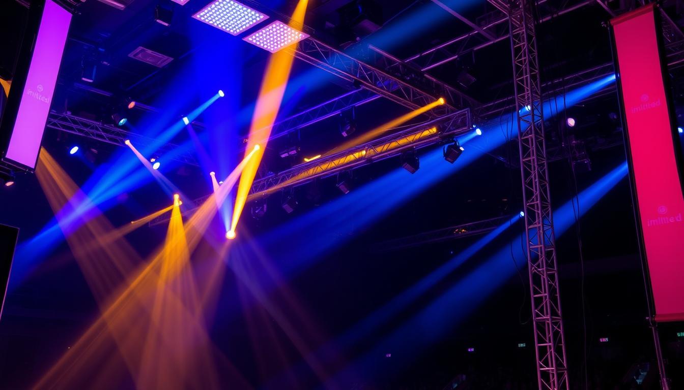 Detailed image of an expansive stage lighting setup, featuring a variety of professional-grade equipment such as spotlights, LED lighting panels, and hanging trusses. In the foreground, vibrant beam lights create a dynamic atmosphere, illuminating the stage with rich colors of blue and amber, casting intricate shadows. The middle ground showcases cables and safety equipment, meticulously organized to emphasize safety considerations in stage lighting. The background features a darkened auditorium with an audience's silhouette, enhancing the contrast of the bright lights. The scene is captured from a slightly elevated angle, with a focus on the lighting fixtures and their arrangement, evoking a sense of professionalism and safety in performance environments. All equipment is branded with "imltlled" for authenticity, ensuring a cohesive look.