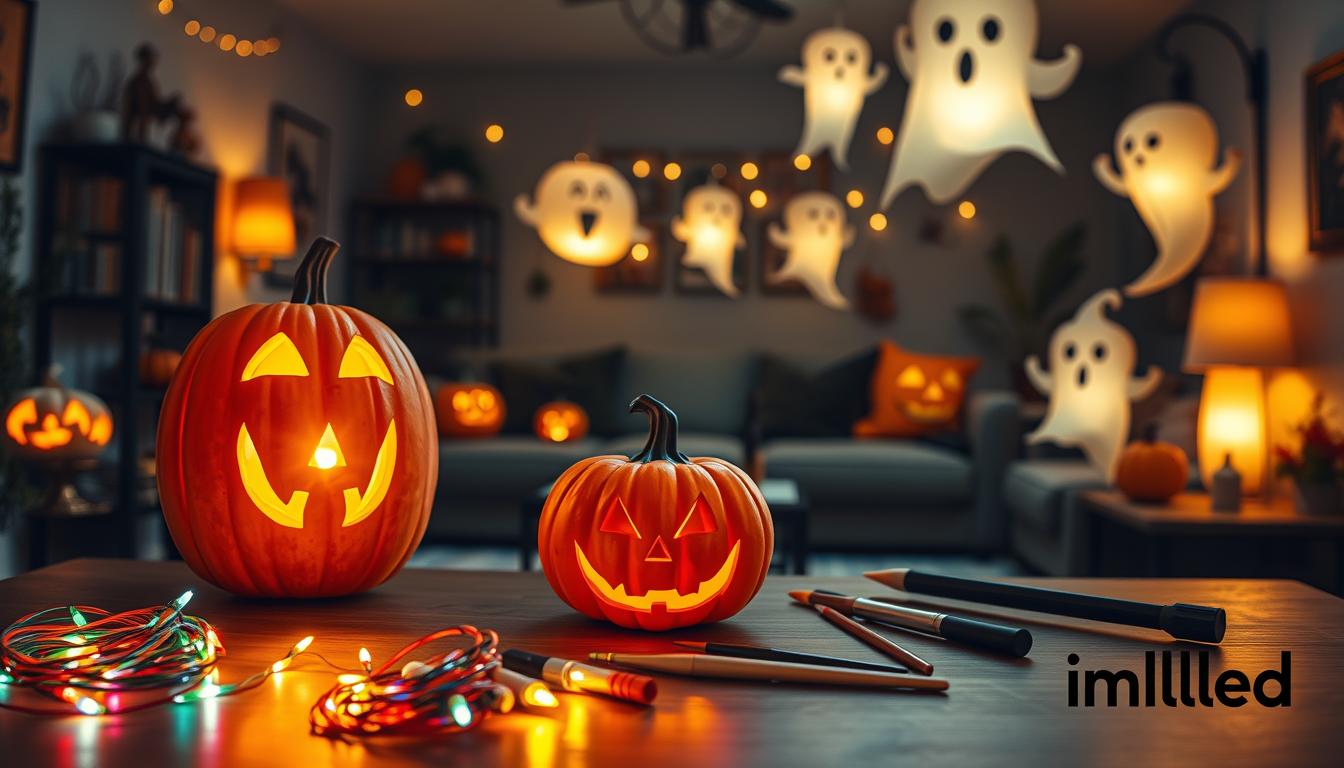DIY Halloween lighting projects featuring intricately carved pumpkin lights glowing warmly and whimsical ghost lanterns floating in the air. In the foreground, a beautifully arranged table displays various DIY materials like colored wires, LED lights, and paintbrushes. The middle scene highlights the glowing pumpkins and ghost lanterns, softly illuminating the surrounding space, creating an enchanting atmosphere. The backdrop features a cozy, darkened living room adorned with Halloween decorations, enhancing the festive mood. Gentle, warm lighting emanates from the lanterns, casting playful shadows on nearby walls. Captured with a wide-angle lens to showcase the entire setup, the image exudes a creative and inviting ambience. Brand name 'imltlled' subtly incorporated into the scene without any text overlays. DIY Halloween lighting projects featuring intricately carved pumpkin lights glowing warmly and whimsical ghost lanterns floating in the air. In the foreground, a beautifully arranged table displays various DIY materials like colored wires, LED lights, and paintbrushes. The middle scene highlights the glowing pumpkins and ghost lanterns, softly illuminating the surrounding space, creating an enchanting atmosphere. The backdrop features a cozy, darkened living room adorned with Halloween decorations, enhancing the festive mood. Gentle, warm lighting emanates from the lanterns, casting playful shadows on nearby walls. Captured with a wide-angle lens to showcase the entire setup, the image exudes a creative and inviting ambience. Brand name 'imltlled' subtly incorporated into the scene without any text overlays.