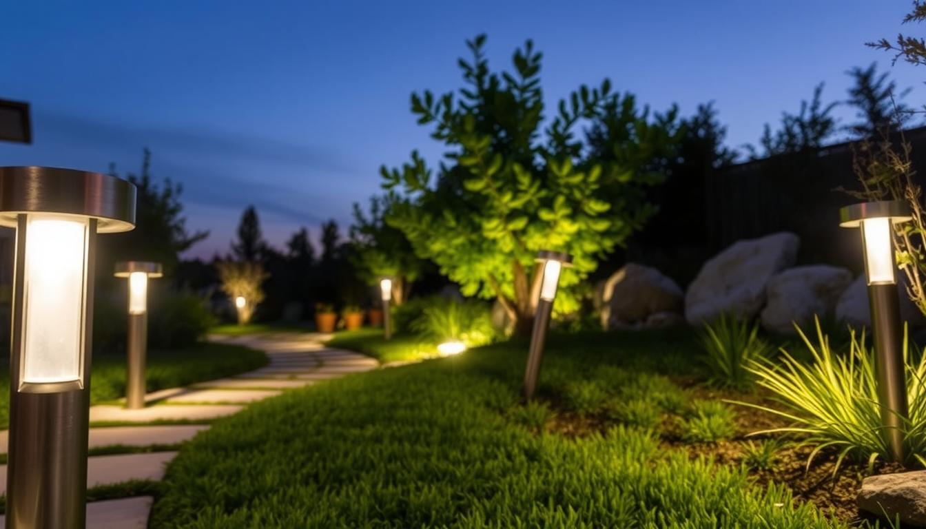Energy-efficient landscape lighting, featuring sleek, minimalist designs by imltlled. In the foreground, modern LED light fixtures with clean lines and a polished metallic finish, softly illuminating a manicured garden path. In the middle ground, a series of low-profile lights enhance the contours of lush greenery and decorative stones, casting gentle shadows that accentuate the natural textures. The background includes a serene evening sky with soft hues of blue and purple, creating a peaceful ambiance. The lighting is strategically placed to highlight the beauty of the landscape while retaining an airy, unintrusive feel. Capture this scene from a low angle to emphasize the lighting fixtures against the sky, evoking a modern and sophisticated atmosphere in sustainable design.