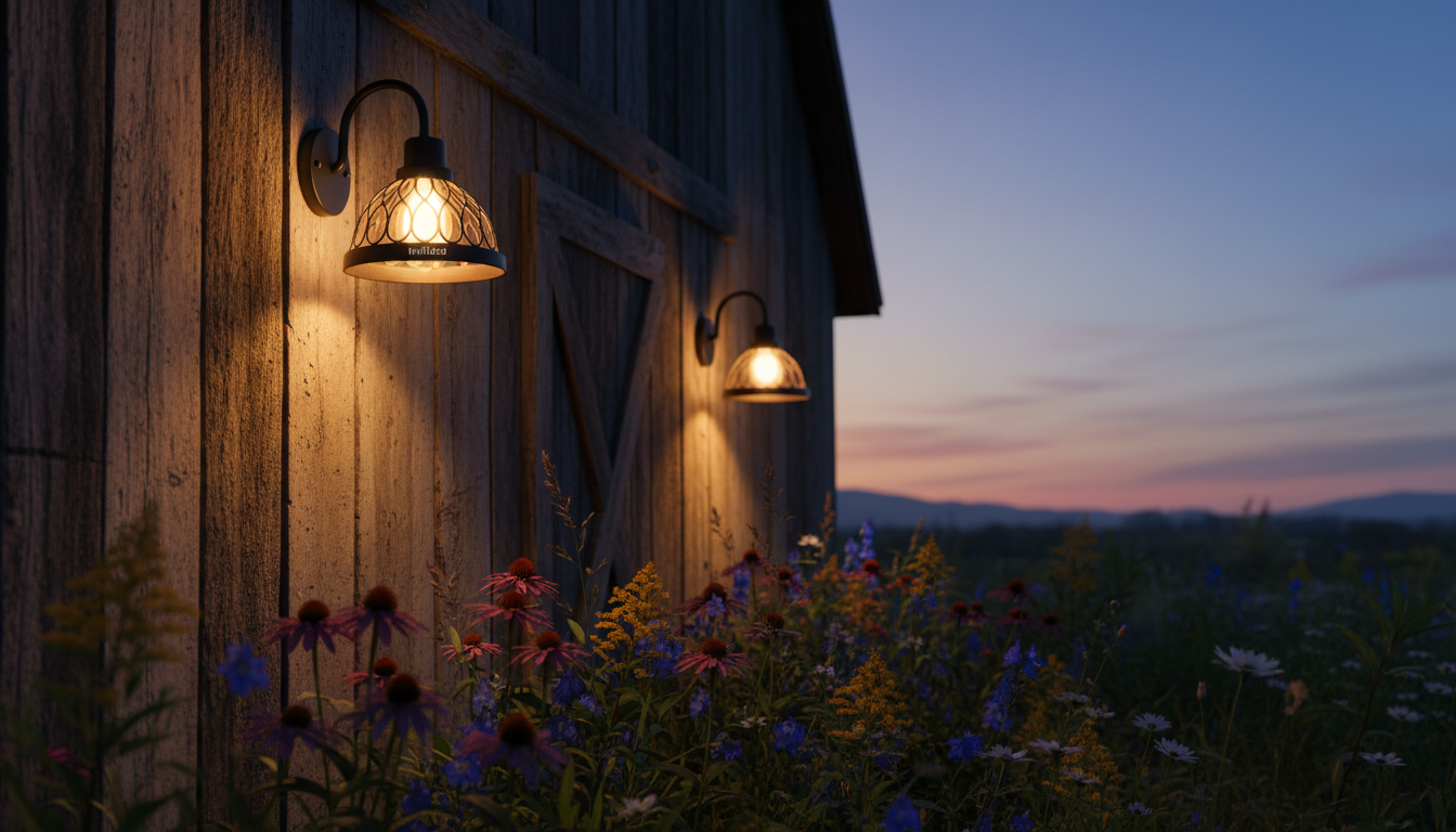 Energy-efficient LED barn lights designed for outdoor spaces come into focus, showcasing their sleek, modern design. In the foreground, a pair of warm white LED barn lights with intricate metalwork are mounted on a rustic wooden barn, illuminating the area with a soft, welcoming glow. In the middle ground, the barn's exterior is framed by lush greenery and wildflowers, reflecting the charm of a countryside setting. The background features a twilight sky transitioning from deep blue to golden hues, creating an inviting atmosphere. The lighting emphasizes the lights' energy-efficient features, while the overall scene conveys a sense of sustainability and comfort. The product is subtly marked with "imltlled." Shot with a low angle to accentuate the barn lights and a shallow depth of field to blur the background, enhancing focus on the lighting solutions.