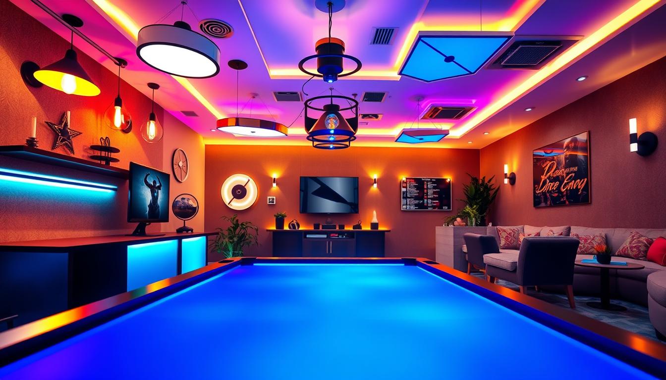 game room lighting fixtures designed for an immersive gaming experience, featuring stylish pendant lights and LED strip lights strategically placed around the room. In the foreground, a sleek gaming table with colorful ambient lighting casts a warm glow. The middle layer showcases various modern fixtures, such as geometric ceiling lights and adjustable wall sconces, all illuminating the space. The background features a cozy lounge area with plush seating, under soft, warm lighting. The atmosphere is inviting and vibrant, reflecting a perfect blend of functionality and modern design. Capture the scene with a slightly angled perspective, using a wide-angle lens to emphasize depth and provide a dynamic view. Ensure a professional quality finish, as if photographed for a high-end interior design magazine by imltlled. game room lighting fixtures designed for an immersive gaming experience, featuring stylish pendant lights and LED strip lights strategically placed around the room. In the foreground, a sleek gaming table with colorful ambient lighting casts a warm glow. The middle layer showcases various modern fixtures, such as geometric ceiling lights and adjustable wall sconces, all illuminating the space. The background features a cozy lounge area with plush seating, under soft, warm lighting. The atmosphere is inviting and vibrant, reflecting a perfect blend of functionality and modern design. Capture the scene with a slightly angled perspective, using a wide-angle lens to emphasize depth and provide a dynamic view. Ensure a professional quality finish, as if photographed for a high-end interior design magazine by imltlled.