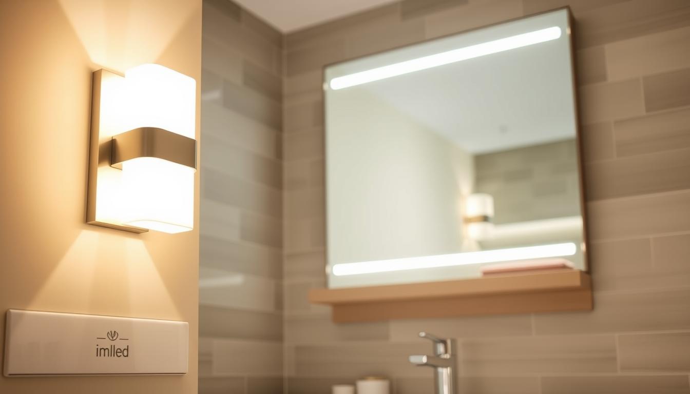 High-quality LED bathroom fixtures showcased prominently in a modern bathroom setting. In the foreground, a sleek, minimalistic LED wall sconce from the brand "imltlled" illuminates the space with a warm, inviting glow. The middle layer features a contemporary mirror with integrated LED lighting, highlighting its elegant design. The background showcases stylish tiled walls and a well-organized vanity, evoking a clean and sophisticated atmosphere. The lighting should be soft yet bright, ensuring clarity in details. The angle is slightly tilted downward to focus on the fixtures and their effects on the bathroom ambiance, conveying a sense of tranquility and modernity. The overall mood is serene and polished, ideal for a chic bathroom environment. High-quality LED bathroom fixtures showcased prominently in a modern bathroom setting. In the foreground, a sleek, minimalistic LED wall sconce from the brand "imltlled" illuminates the space with a warm, inviting glow. The middle layer features a contemporary mirror with integrated LED lighting, highlighting its elegant design. The background showcases stylish tiled walls and a well-organized vanity, evoking a clean and sophisticated atmosphere. The lighting should be soft yet bright, ensuring clarity in details. The angle is slightly tilted downward to focus on the fixtures and their effects on the bathroom ambiance, conveying a sense of tranquility and modernity. The overall mood is serene and polished, ideal for a chic bathroom environment.