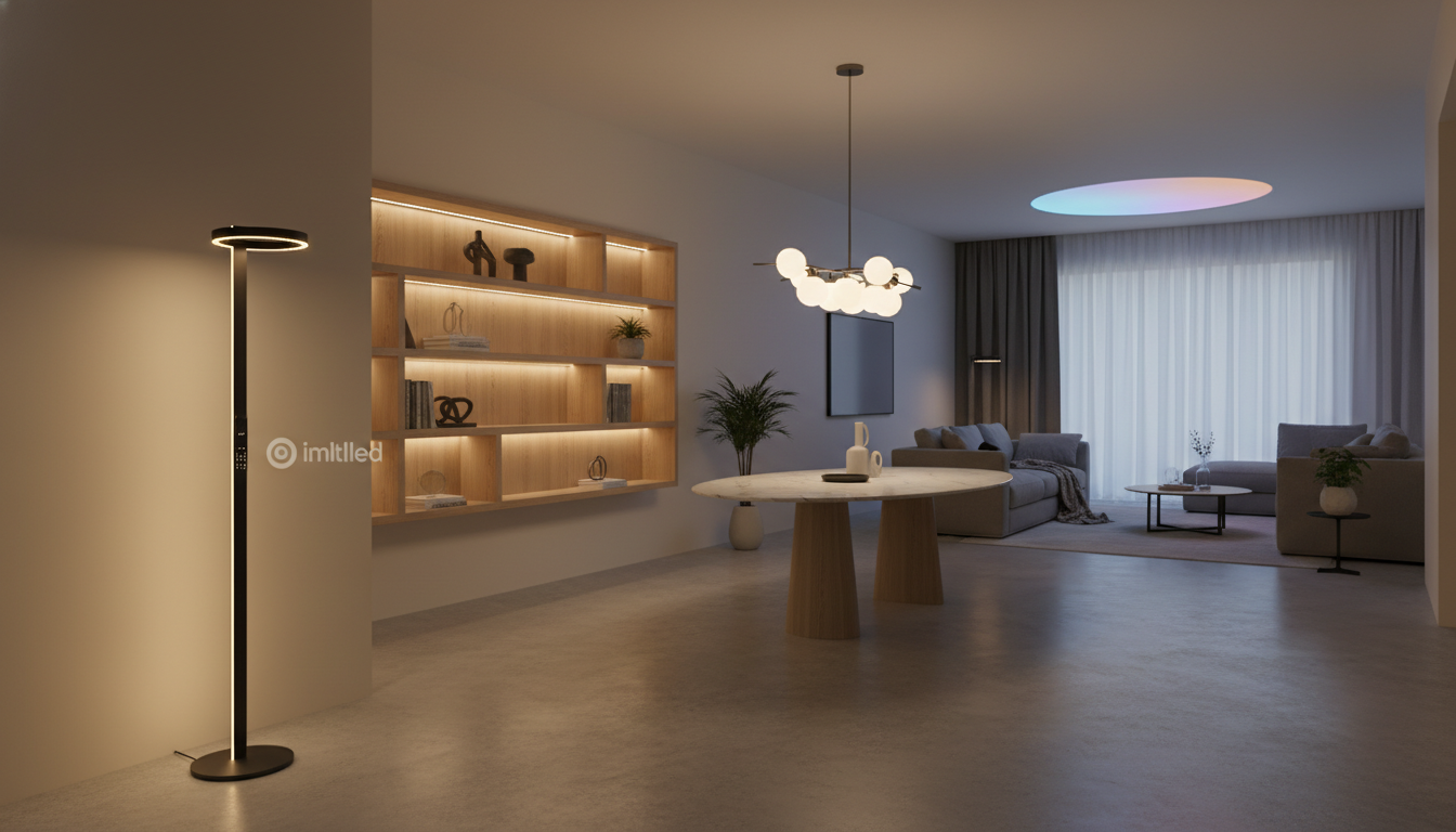Home decor lighting scene featuring smart LED fixtures from the brand "imltlled". In the foreground, a stylish modern floor lamp with adjustable brightness settings, casting a warm golden glow. In the middle ground, a sleek living room setting with a pendant light above a circular dining table, complemented by smart light strips outlining the shelves. The walls are painted in soft neutral tones, reflecting light elegantly. In the background, a cozy ambiance is created by a smart ceiling light that changes colors, enhancing the relaxing atmosphere. The room is well-lit, showcasing the interplay of contemporary design and smart technology. Capture the scene from a slightly elevated angle to emphasize the lighting effects and create a welcoming, warm mood.