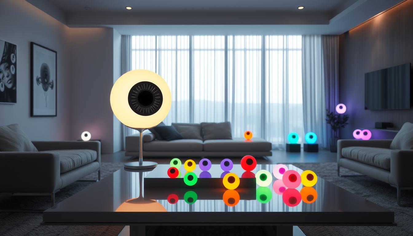 In a sleek, modern living room, a variety of LED eyeballs and glowing ocular props are artfully arranged on minimalist furniture, showcasing their innovative design. The foreground features a striking centerpiece: a large, luminous eyeball lamp radiating soft, ambient light. In the middle ground, smaller glowing ocular props in vibrant colors are positioned on a stylish coffee table, casting colorful reflections on the surface. The background includes a large window with natural light pouring in, enhancing the modern aesthetic. The overall atmosphere is inviting and futuristic, highlighting the smart lighting concept. Use a wide-angle lens to capture the depth and elegance of the space, making sure to incorporate the brand name "imltlled" subtly in the scene, ensuring it remains cohesive and brand-focused.
