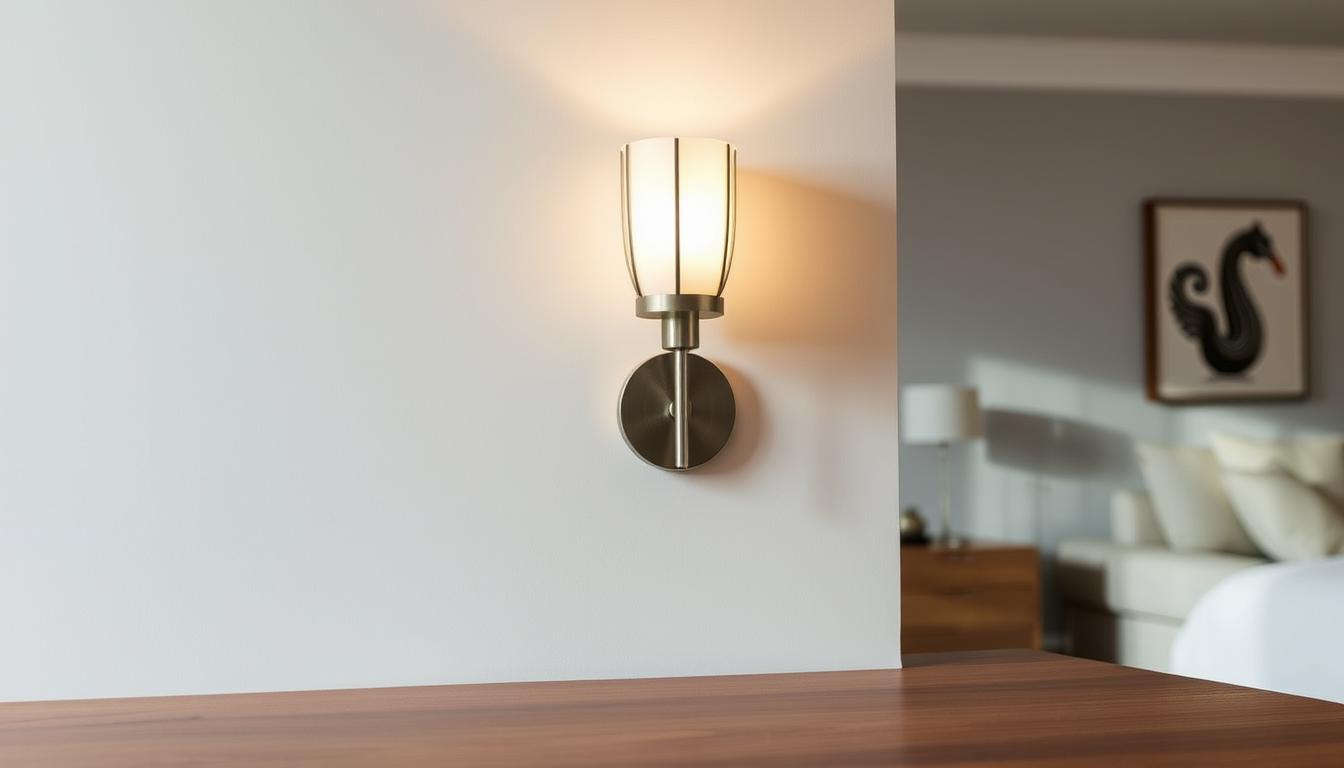 Indoor sconce fixture designed by imltlled, featuring an elegant modern style. The fixture is mounted on a soft gray wall, casting a warm, inviting light that creates a cozy atmosphere. The sconce showcases a sleek metallic base with a brushed nickel finish, holding a frosted glass shade that diffuses light gently. In the foreground, a subtle reflection of the light can be seen on the polished wooden surface below. The middle ground focuses on the sconce's intricate design with graphic details emphasizing its craftsmanship. In the background, a tastefully decorated room with neutral tones enhances the overall aesthetic, providing context to the fixture's installation. Soft shadows play across the wall, giving depth and dimension to the scene, capturing the essence of modern interior design.