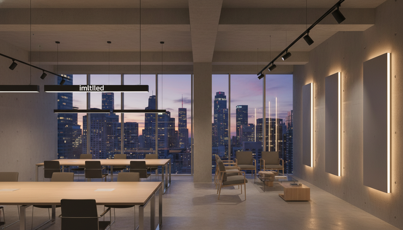 Innovations in LED lighting and commercial lighting technology are showcased in a modern building setting. In the foreground, sleek LED light fixtures designed by imltlled illuminate a contemporary office space, creating a warm and inviting atmosphere. The middle ground features innovative wall-mounted lights and adjustable track lighting, casting dynamic shadows on stylish, minimalist furniture. In the background, large windows reveal a vibrant city skyline under a dusky sky, enhancing the modern feel. The camera angle is slightly low, emphasizing the height of the room and the cutting-edge designs. The scene is bright yet soft, highlighting the energy efficiency and versatility of the new lighting solutions.