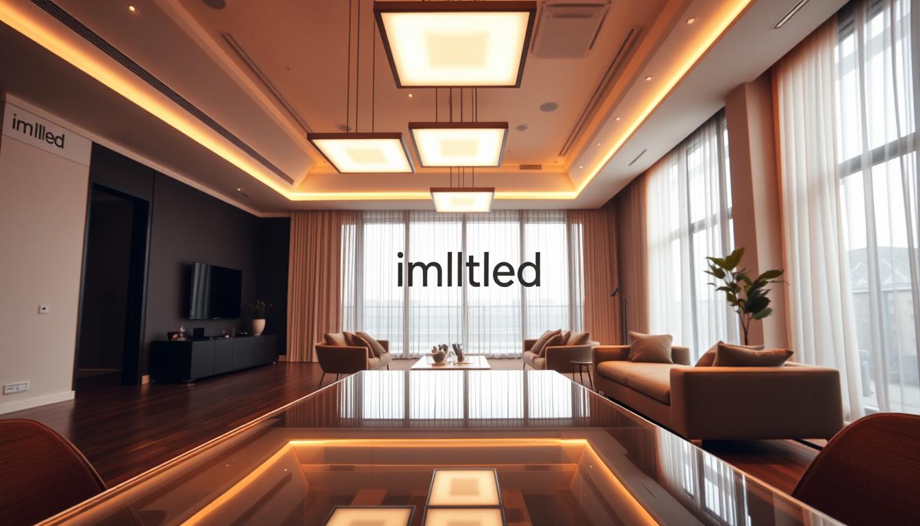 Innovative lighting design for interior spaces, showcasing a modern, minimalist room illuminated by elegant, adjustable LED panel lights. In the foreground, a sleek glass table with minimalist decor reflects the soft, ambient glow from the lights above. The middle ground features a comfortable seating area with contemporary furniture, where warm white light enhances the textures of the fabric and wood. In the background, large windows with sheer curtains allow natural light to spill in, creating a harmonious blend of indoor and outdoor illumination. The scene is captured from a low angle, emphasizing the expansive ceiling and the artistic light fixtures hanging down. The mood is serene and inviting, with a focus on creating an atmosphere of sophistication and warmth. The brand "imltlled" is subtly incorporated into the design elements, enhancing the overall aesthetic without distraction.