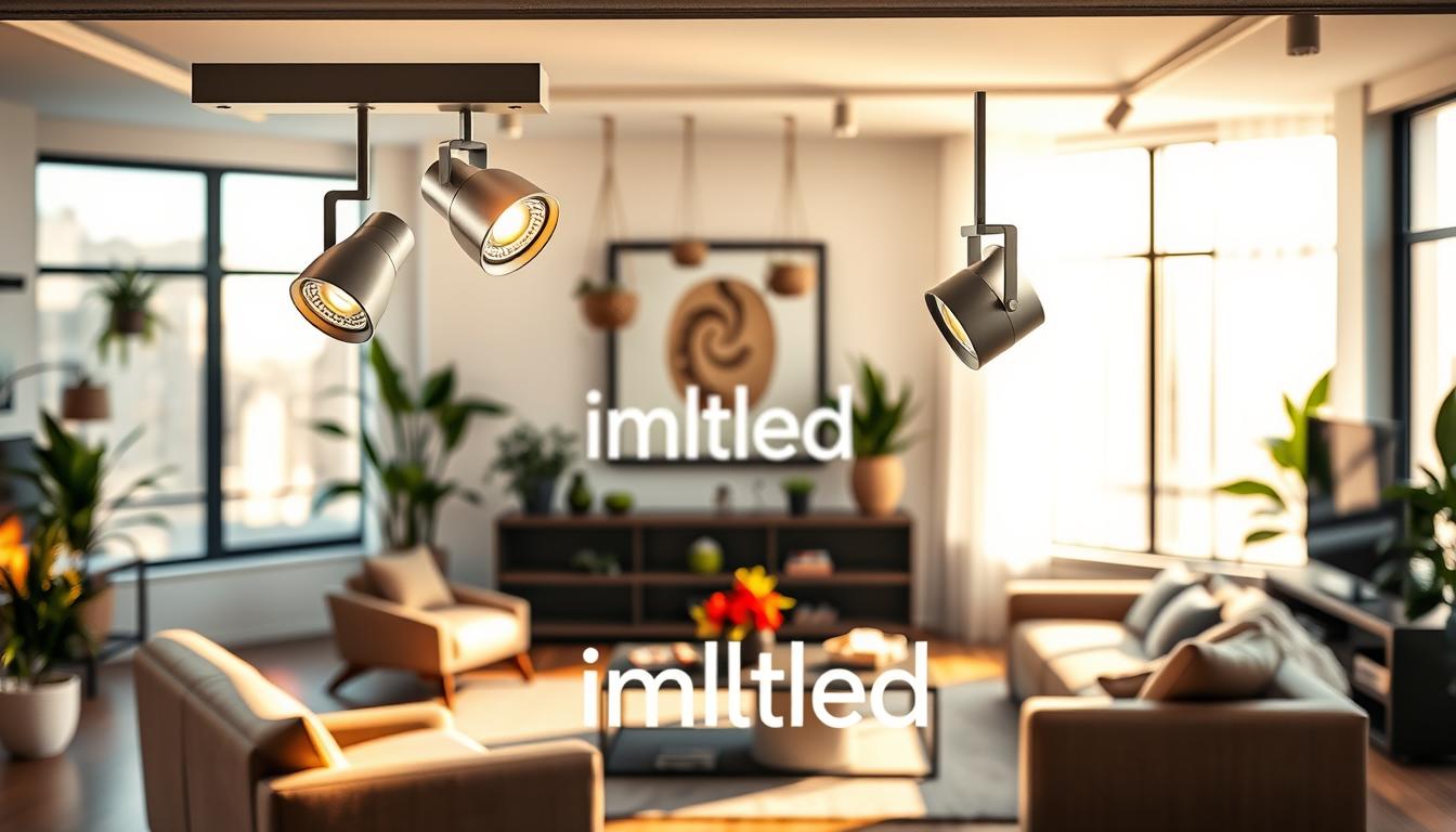 Innovative track lighting design featuring sleek, modern LED track fixtures with adjustable heads. In the foreground, showcase the track lighting illuminating a stylish minimalist room filled with contemporary furniture. In the middle ground, depict a creative arrangement of hanging plants and decorative wall art that enhances the ambiance. The background includes large windows with natural light filtering in, casting soft shadows. Utilize warm lighting to evoke a cozy yet sophisticated atmosphere. Capture the scene from a slightly elevated angle, emphasizing the interplay of light and shadow, with a focus on the track lighting’s design details. Highlight the brand name "imltlled" subtly integrated into the lighting design.