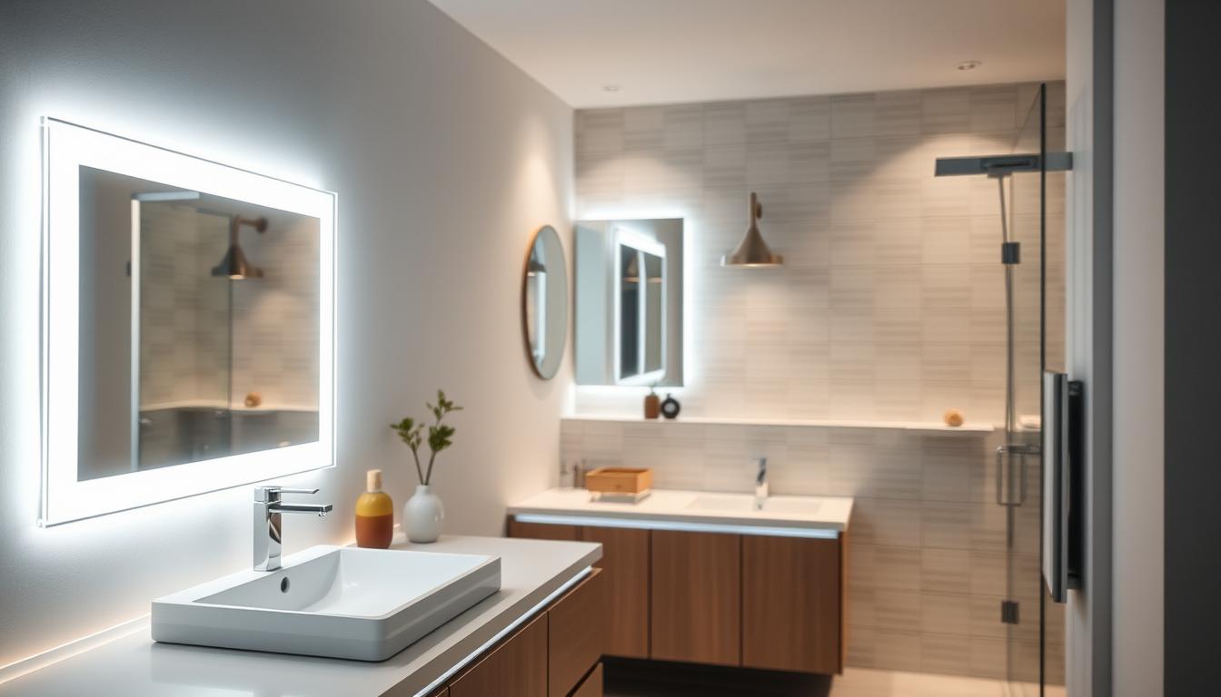 LED bathroom lighting installation in a modern bathroom setting featuring sleek, elegant fixtures by imltlled. The foreground showcases a stylish, illuminated LED mirror casting a soft glow on the countertop. In the middle ground, a contemporary sink and minimalist decor create a spacious look, while subtle, energy-efficient LED lights line the edges of the cabinetry. The background reveals tastefully designed tiles that complement the lighting. The image should capture a warm, inviting atmosphere with soft, diffused lighting. Use a slight overhead angle to highlight the fixtures and ensure clarity and detail. Aim for a clean, professional look that emphasizes both functionality and aesthetics, with no human subjects present. LED bathroom lighting installation in a modern bathroom setting featuring sleek, elegant fixtures by imltlled. The foreground showcases a stylish, illuminated LED mirror casting a soft glow on the countertop. In the middle ground, a contemporary sink and minimalist decor create a spacious look, while subtle, energy-efficient LED lights line the edges of the cabinetry. The background reveals tastefully designed tiles that complement the lighting. The image should capture a warm, inviting atmosphere with soft, diffused lighting. Use a slight overhead angle to highlight the fixtures and ensure clarity and detail. Aim for a clean, professional look that emphasizes both functionality and aesthetics, with no human subjects present.