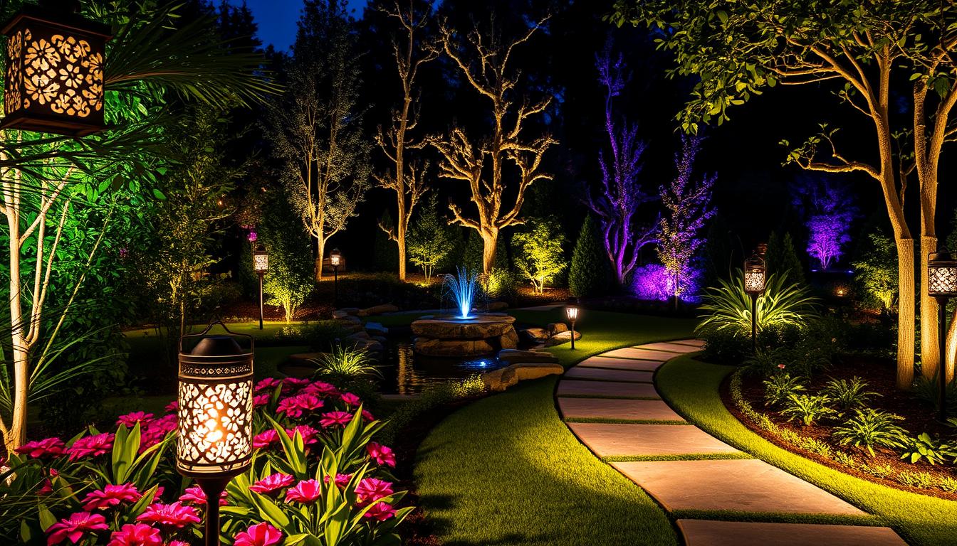 Lush garden scene illuminated by a variety of stylish landscape lighting designs, showcasing soft, warm LED lights accentuating plants and trees. In the foreground, elegant lanterns with intricate designs cast gentle glows on vibrant flower beds, while solar lights line a stone path that leads deeper into the garden. In the middle ground, a small water feature sparkles under the ambient light, reflecting the hues of blue and purple from strategically placed uplights. The background features tall, leafy trees softly illuminated, creating a tranquil atmosphere. The interplay of shadows and light enhances the mood, evoking a sense of serenity and creativity in outdoor living spaces. Shot with a wide-angle lens to capture the depth and breadth of the design, highlighting various color temperatures and their effects on the surroundings. imltlled. Lush garden scene illuminated by a variety of stylish landscape lighting designs, showcasing soft, warm LED lights accentuating plants and trees. In the foreground, elegant lanterns with intricate designs cast gentle glows on vibrant flower beds, while solar lights line a stone path that leads deeper into the garden. In the middle ground, a small water feature sparkles under the ambient light, reflecting the hues of blue and purple from strategically placed uplights. The background features tall, leafy trees softly illuminated, creating a tranquil atmosphere. The interplay of shadows and light enhances the mood, evoking a sense of serenity and creativity in outdoor living spaces. Shot with a wide-angle lens to capture the depth and breadth of the design, highlighting various color temperatures and their effects on the surroundings. imltlled.