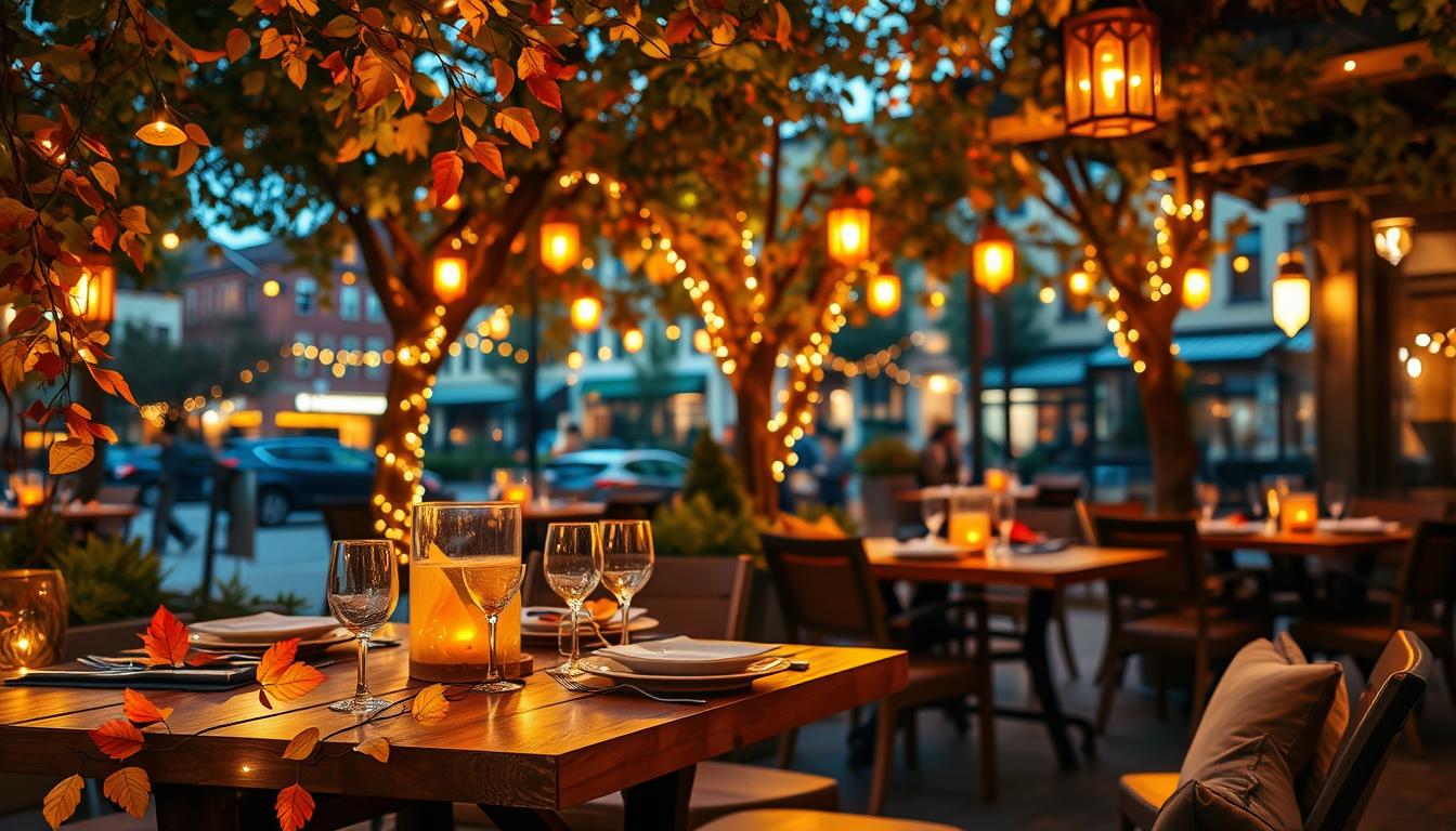Lush outdoor restaurant setting in a cozy urban area during autumn, showcasing seasonal lighting ideas. In the foreground, a lovely wooden dining table adorned with elegant autumn-themed tableware, surrounded by soft, glowing string lights entwined with orange and yellow leaves. In the middle ground, warm lanterns hang from trees, casting a gentle amber glow, adding a touch of intimacy to the scene. In the background, softly illuminated buildings are visible, contributing to a bustling yet inviting atmosphere. The scene is shot at dusk, using a wide-angle lens to capture the vibrant colors of fall and the enchanting glow of the lights. The overall mood is warm, inviting, and festive, perfect for seasonal dining experiences. imltlled