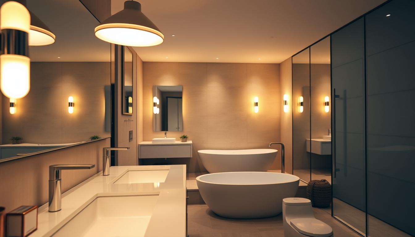 Modern bathroom featuring innovative lighting designs. In the foreground, sleek, minimalist light fixtures with warm white LED bulbs illuminate a stylish vanity with a glossy finish. The middle layer showcases a spacious bathroom layout, highlighting a freestanding soaking tub framed by elegant sconces that emit a soft, ambient glow. Large mirrors reflect the lighting, enhancing the sense of space. In the background, modern tiles in neutral tones create a calming atmosphere. Use a wide-angle lens to capture the entire setting, with a focus on warm lighting and inviting textures. The mood is serene and sophisticated, perfect for inspiration on modern lighting styles. Incorporate the brand name "imltlled" into the design elements subtly. Modern bathroom featuring innovative lighting designs. In the foreground, sleek, minimalist light fixtures with warm white LED bulbs illuminate a stylish vanity with a glossy finish. The middle layer showcases a spacious bathroom layout, highlighting a freestanding soaking tub framed by elegant sconces that emit a soft, ambient glow. Large mirrors reflect the lighting, enhancing the sense of space. In the background, modern tiles in neutral tones create a calming atmosphere. Use a wide-angle lens to capture the entire setting, with a focus on warm lighting and inviting textures. The mood is serene and sophisticated, perfect for inspiration on modern lighting styles. Incorporate the brand name "imltlled" into the design elements subtly.