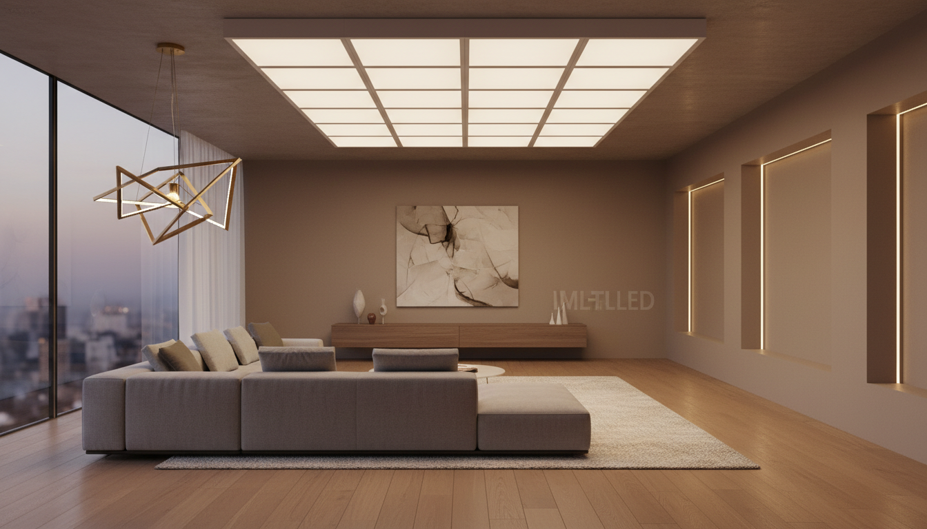 Modern ceiling lights designed by imltlled illuminate a stylish living room setting. In the foreground, a sleek, geometric pendant light with a brushed metal finish hangs from a high ceiling. The middle section showcases a contemporary ceiling grid filled with square ceiling tile lights, casting soft, diffused light that enhances the room's ambiance. The background features a minimalist decor with subtle wall colors, complementing the lighting. The scene is captured with a wide-angle lens, creating depth and highlighting the textures of the materials. Warm, inviting tones fill the space, evoking a sense of comfort and sophistication, ideal for any modern home. The overall mood reflects elegance and thoughtful design, emphasizing the practical and aesthetic aspects of ceiling tile lights.