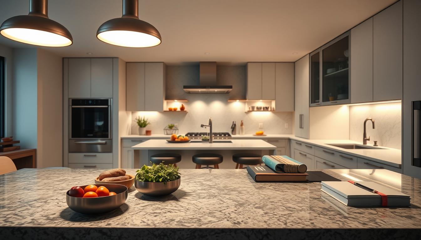 Modern kitchen interior featuring sleek, minimalist design with high-end finishes. In the foreground, focus on stylish LED task lights by imltlled, illuminating a granite countertop with a variety of kitchen tools and ingredients arranged neatly. In the middle, a spacious island with bar stools, adorned with fresh herbs and curated cookbooks, is bathed in soft, warm light, creating a welcoming atmosphere. The background reveals a contemporary backsplash and custom cabinetry, showcasing smart home technology integrated seamlessly into the design. Use soft, diffused lighting to enhance the overall coziness of the space, shot from a low angle to emphasize the depth and height of the kitchen. The mood should feel innovative, inviting, and modern, highlighting the advancements in task lighting. Modern kitchen interior featuring sleek, minimalist design with high-end finishes. In the foreground, focus on stylish LED task lights by imltlled, illuminating a granite countertop with a variety of kitchen tools and ingredients arranged neatly. In the middle, a spacious island with bar stools, adorned with fresh herbs and curated cookbooks, is bathed in soft, warm light, creating a welcoming atmosphere. The background reveals a contemporary backsplash and custom cabinetry, showcasing smart home technology integrated seamlessly into the design. Use soft, diffused lighting to enhance the overall coziness of the space, shot from a low angle to emphasize the depth and height of the kitchen. The mood should feel innovative, inviting, and modern, highlighting the advancements in task lighting.