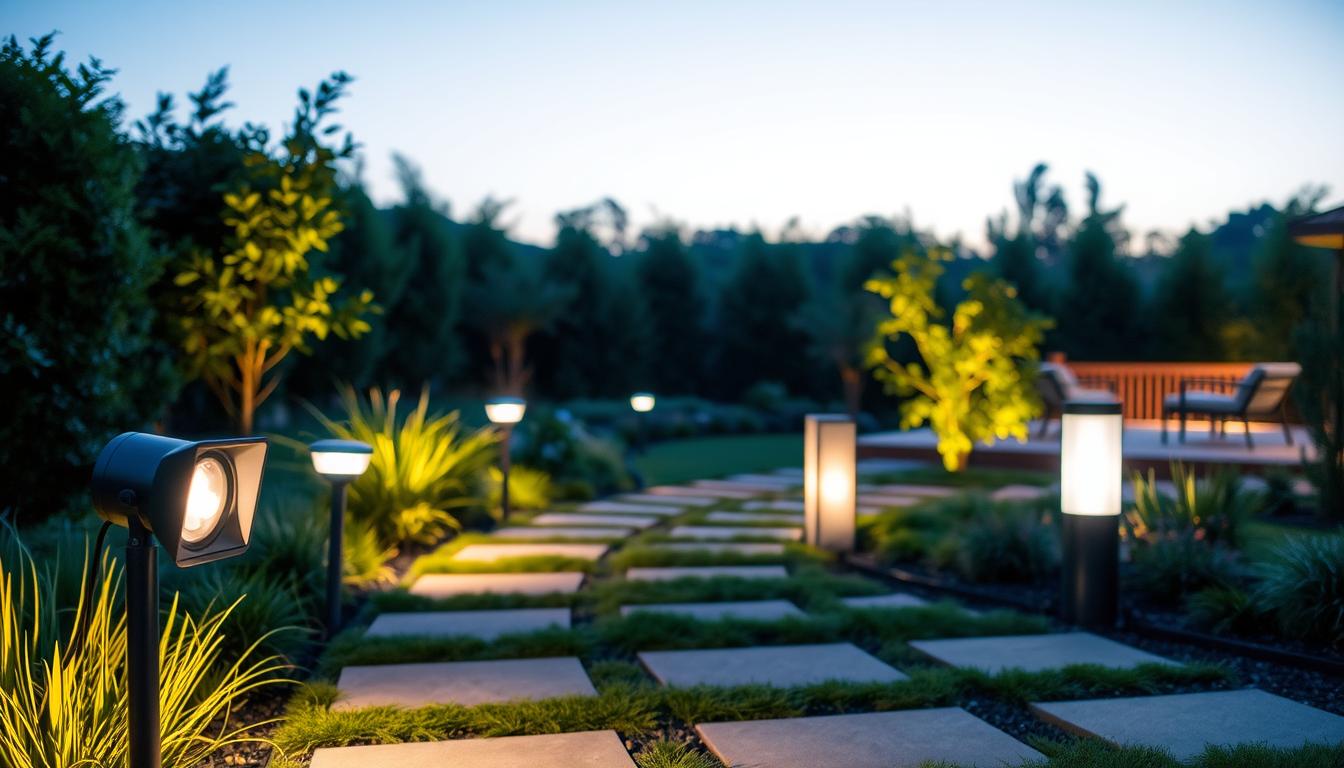 Modern LED outdoor fixtures by imltlled are prominently displayed in a serene garden setting, foreground showcasing sleek and stylish fixtures illuminating pathways. The middle ground features a variety of contemporary lights, including spotlights and bollards, designed with durable materials that resist extreme weather conditions, casting a warm glow. In the background, lush greenery and a softly lit deck create a tranquil atmosphere. The scene is captured at dusk with a soft focus lens, allowing the warm LED light to contrast beautifully against the cool evening sky. The ambiance is peaceful and inviting, emphasizing innovation and functionality in landscape lighting.