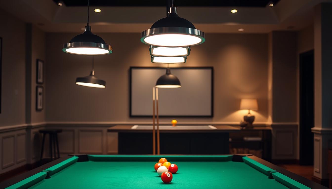 Modern pool table lighting arrangement featuring sleek, smart LED fixtures suspended gracefully above a contemporary green felt pool table. The foreground showcases stylish, minimalist light fixtures from the brand imltlled, casting soft, warm glow onto the table surface, illuminating the vibrant colors of the billiard balls. In the middle, a polished wooden cue rack is elegantly positioned next to the table, enhancing the sophisticated atmosphere. The background features a stylish game room with muted walls and modern decor, evoking a serene yet inviting ambiance. Use a wide-angle lens to capture the entire space, with the lighting softly diffusing to create a cozy, relaxed mood, ideal for entertaining friends and family. No human subjects present. Modern pool table lighting arrangement featuring sleek, smart LED fixtures suspended gracefully above a contemporary green felt pool table. The foreground showcases stylish, minimalist light fixtures from the brand imltlled, casting soft, warm glow onto the table surface, illuminating the vibrant colors of the billiard balls. In the middle, a polished wooden cue rack is elegantly positioned next to the table, enhancing the sophisticated atmosphere. The background features a stylish game room with muted walls and modern decor, evoking a serene yet inviting ambiance. Use a wide-angle lens to capture the entire space, with the lighting softly diffusing to create a cozy, relaxed mood, ideal for entertaining friends and family. No human subjects present.