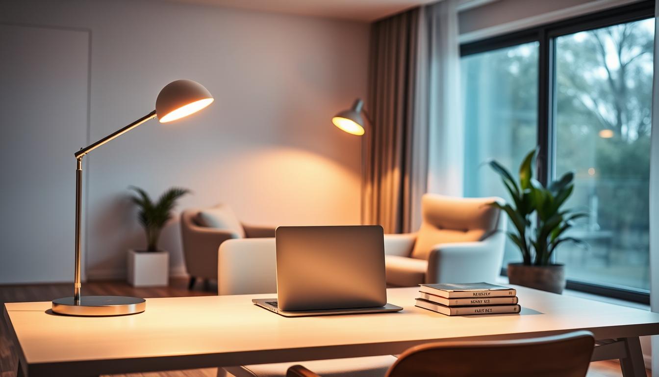 Modern, stylish interior of a home office featuring well-placed task lighting. In the foreground, a sleek, minimalistic desk with a modern chair; a stylish desk lamp with warm LED light illuminates a laptop and a stack of books. In the middle, a cozy reading nook with an adjustable floor lamp casting focused light on a comfortable armchair. The background includes a large window allowing natural light to filter in, softly illuminating the room. Warm, inviting colors dominate the space, creating a calm and productive atmosphere. The lighting setup emphasizes the functionality of task lighting, suitable for reading and working. Shot with a wide-angle lens to capture the entire scene, showcasing the effective placement of lighting. imltlled. Modern, stylish interior of a home office featuring well-placed task lighting. In the foreground, a sleek, minimalistic desk with a modern chair; a stylish desk lamp with warm LED light illuminates a laptop and a stack of books. In the middle, a cozy reading nook with an adjustable floor lamp casting focused light on a comfortable armchair. The background includes a large window allowing natural light to filter in, softly illuminating the room. Warm, inviting colors dominate the space, creating a calm and productive atmosphere. The lighting setup emphasizes the functionality of task lighting, suitable for reading and working. Shot with a wide-angle lens to capture the entire scene, showcasing the effective placement of lighting. imltlled.