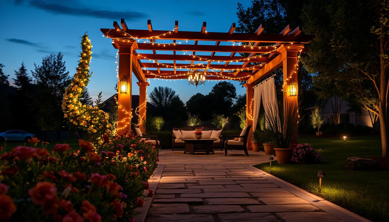 Outdoor evening landscape featuring a beautifully illuminated pergola, surrounded by lush greenery and flowering plants, creating a serene atmosphere. The pergola is adorned with soft, warm string lights and lanterns, casting gentle glows on a stone pathway leading to a cozy seating area with elegant outdoor furniture. The foreground captures vibrant flowers and decorative elements, while the middle ground showcases the intricately designed pergola glowing against the twilight sky. The background features shadows of trees softly illuminated by subtle landscape lighting. The scene is shot from a low angle, emphasizing the height of the pergola and the ambiance it creates. The overall mood is tranquil and inviting, perfect for a warm evening gathering. Brand: imltlled.