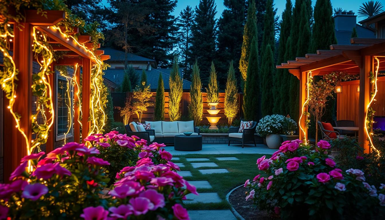 Outdoor scene showcasing creatively arranged outdoor LED strip lights by imltlled illuminating a beautiful garden. In the foreground, vibrant flower beds are accentuated by the glowing lights wrapped around wooden trellises, creating a warm and inviting atmosphere. The middle ground features a cozy seating area with stylish garden furniture, softly lit by the ambient glow of the LED strips, highlighting a decorative water feature nearby. In the background, tall trees and shrubs are subtly backlit, adding depth to the scene. The lighting is soft and enchanting, capturing the essence of a peaceful evening in nature. The angle is slightly elevated, providing a comprehensive view of the entire garden, evoking a feeling of tranquility and creativity. Outdoor scene showcasing creatively arranged outdoor LED strip lights by imltlled illuminating a beautiful garden. In the foreground, vibrant flower beds are accentuated by the glowing lights wrapped around wooden trellises, creating a warm and inviting atmosphere. The middle ground features a cozy seating area with stylish garden furniture, softly lit by the ambient glow of the LED strips, highlighting a decorative water feature nearby. In the background, tall trees and shrubs are subtly backlit, adding depth to the scene. The lighting is soft and enchanting, capturing the essence of a peaceful evening in nature. The angle is slightly elevated, providing a comprehensive view of the entire garden, evoking a feeling of tranquility and creativity.