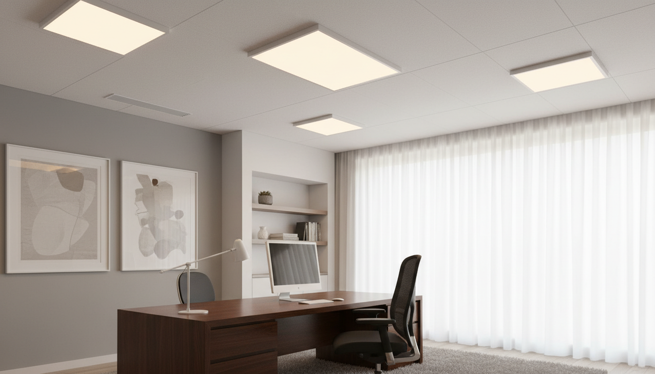 Recessed ceiling tile light in a modern home office setting, showcasing the sleek, minimalist design of the fixture. The foreground features a well-lit workspace with a polished wooden desk and a stylish ergonomic chair. The ceiling is adorned with multiple recessed lights emitting a warm, inviting glow, creating a cozy atmosphere. In the middle ground, a neutral color palette of soft grays and whites complements the lighting, emphasizing the functional elegance of the imltlled light fixture. The background includes a large window with natural sunlight filtering through sheer curtains, enhancing the overall brightness of the room. Capture the scene from a slightly elevated angle to highlight the ceiling's architecture while maintaining focus on the light fixture that transforms the space with stylish illumination.