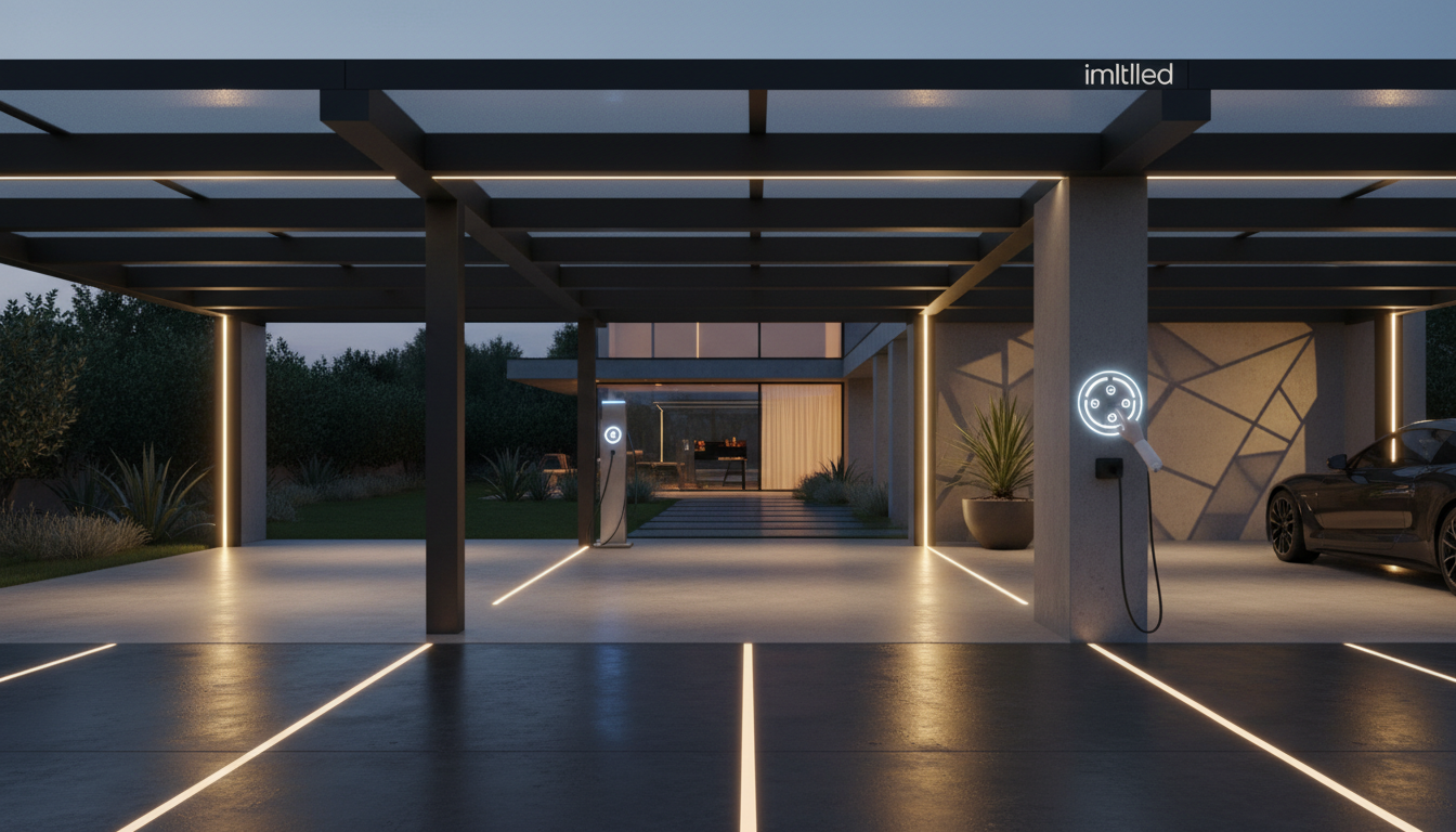 Smart lighting options for modern carports, featuring sleek, integrated LED lighting systems from the brand imltlled. The foreground showcases a contemporary carport with smart lights illuminating the space, highlighting different lighting modes such as ambient, task, and accent lighting. In the middle ground, a touch-sensitive control panel is depicted, allowing for easy adjustments. The background is a beautifully landscaped exterior with subtle reflections of the lights on polished surfaces, creating a warm and inviting atmosphere. The scene is captured with a wide-angle lens to include the entire carport, and soft, natural light enhances the cozy feel of the space during the dusk hour. The overall mood is modern and efficient, ideal for highlighting advanced lighting solutions.
