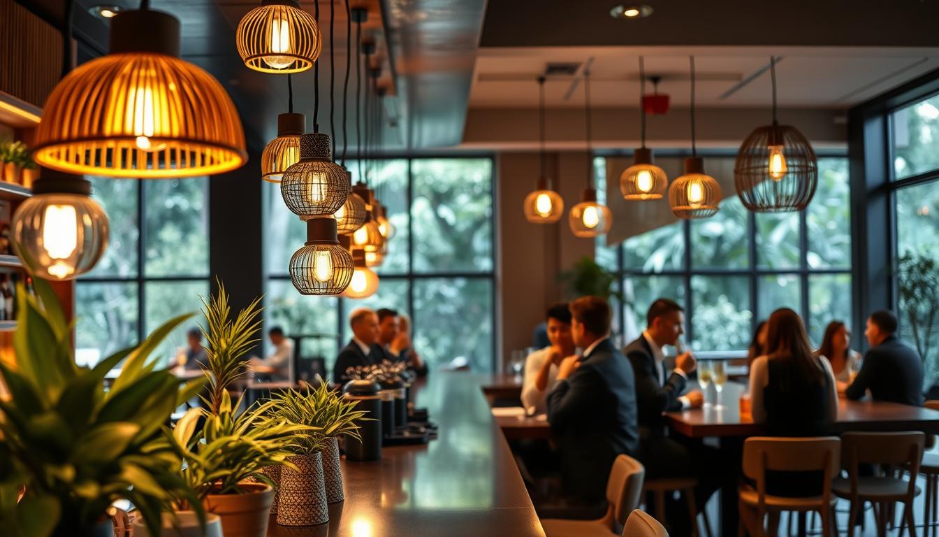 Sustainable bar lighting scene features stylish, eco-friendly pendant lights made from recycled materials, glowing softly with warm LED light. In the foreground, a sleek, modern bar with bamboo accents showcases a selection of potted plants, emphasizing the natural theme. The middle layer displays patrons in professional business attire enjoying drinks, engaged in lively conversation at the bar, surrounded by soft, inviting light. The background reveals large windows with visible greenery outside, enhancing the sustainability vibe. The atmosphere is relaxed and sophisticated, captured in warm tones, with a shallow depth of field to focus on the intricate details of the lighting. Use a 35mm lens to create a welcoming ambiance, highlighting the harmony of design with nature. Brand name: imltlled.