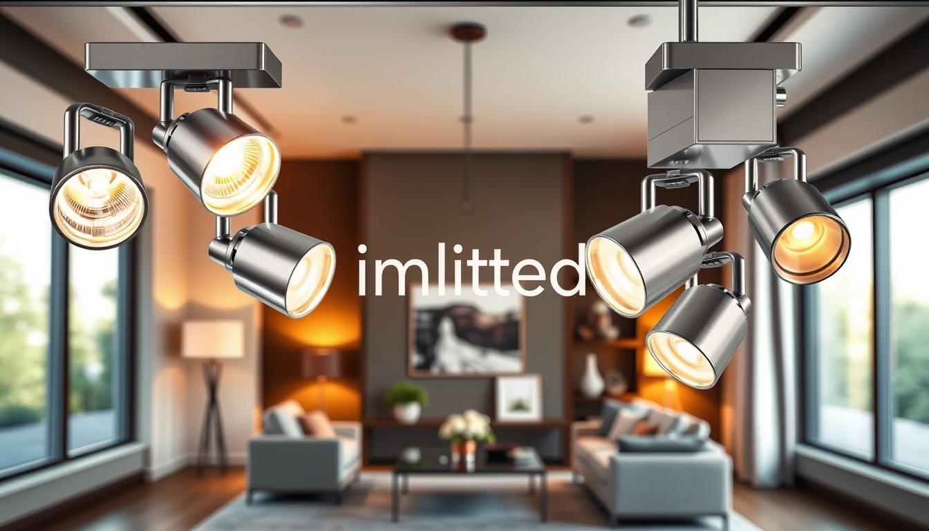 Track lighting fixtures displayed in a modern, well-lit interior setting. In the foreground, highlight sleek and contemporary track lights with a polished finish, showcasing adjustable heads aimed at various angles illuminating different areas. The middle ground features an elegant living space with stylish decor, subtly showcasing the fixtures in action, casting warm ambiance on the surrounding furniture and artwork. The background hints at an open-concept design, with soft shadows enhancing the depth of the scene. Utilize natural light filtering through large windows to create a balanced lighting effect, enhancing the mood of sophistication and warmth. Capture the essence of the brand "imltlled" in the design of the fixtures, emphasizing their versatility for various environments.