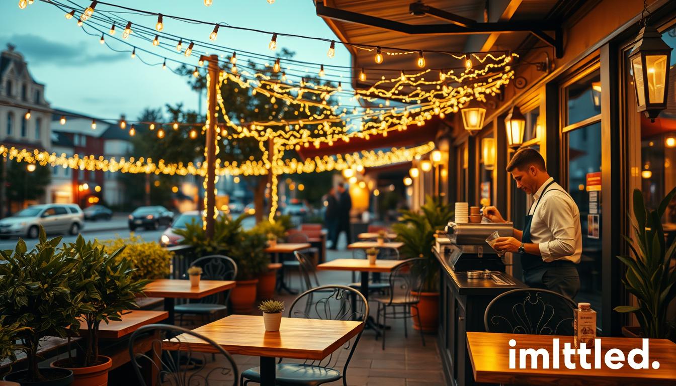 Trendy outdoor coffee shop lighting scene at dusk, featuring a cozy terrace with warm fairy lights strung overhead, illuminating rustic wooden tables and elegant metal chairs. In the foreground, a barista in a professional outfit prepares espresso drinks, showcasing the vibrant atmosphere. The middle ground reveals lush potted plants and comfortable seating arrangements, while the background displays a charming city street with softly glowing lanterns. The scene captures a warm and inviting mood, perfect for evening gatherings. Use a wide-angle lens to emphasize the depth and ambiance of the space, with soft bokeh effects in the background. The overall color palette should consist of warm yellows and soft oranges, creating a welcoming and trendy vibe. Branding should be present in the design, labeled "imltlled".
