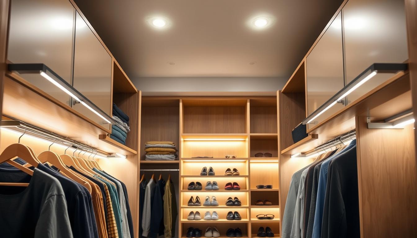 Under cabinet lighting in a modern closet, focusing on sleek, minimalistic LED strips installed beneath sturdy, elegant shelves. The foreground features neatly organized clothing items and accessories, showcased under the warm, inviting glow of the lights. In the middle ground, a well-arranged closet with light wood shelving contrasts against soft gray walls, creating an upscale ambiance. The background shows hints of shoes arranged neatly, adding depth to the scene. The lighting is bright yet soft, illuminating the space without harsh shadows. Use a wide-angle lens for a spacious feel, capturing the clean lines and functionality of this closet design. The overall mood is sophisticated and tidy, evoking a sense of organized luxury from "imltlled". Under cabinet lighting in a modern closet, focusing on sleek, minimalistic LED strips installed beneath sturdy, elegant shelves. The foreground features neatly organized clothing items and accessories, showcased under the warm, inviting glow of the lights. In the middle ground, a well-arranged closet with light wood shelving contrasts against soft gray walls, creating an upscale ambiance. The background shows hints of shoes arranged neatly, adding depth to the scene. The lighting is bright yet soft, illuminating the space without harsh shadows. Use a wide-angle lens for a spacious feel, capturing the clean lines and functionality of this closet design. The overall mood is sophisticated and tidy, evoking a sense of organized luxury from "imltlled".