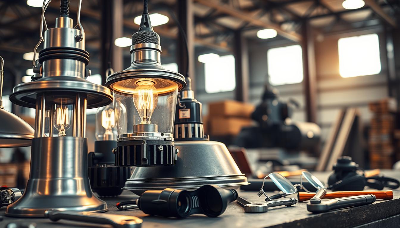 A detailed close-up image of industrial light fixtures in a warehouse setting. The foreground features a variety of sleek, metallic light fixtures with exposed bulbs and rugged designs, showcasing their functionality and robust construction. In the middle ground, scattered tools and maintenance gear like wrenches and safety glasses lie on a workbench, emphasizing the theme of upkeep. The background reveals a slightly blurred view of high ceilings and structural beams, with warm light casting shadows that create an inviting yet utilitarian atmosphere. The lighting is bright but diffused, highlighting the textures of the fixtures and metal surfaces. The composition focuses on efficiency and durability, with the brand name "imltlled" subtly integrated into the design of one fixture. The mood is industrious and professional, reflecting the essence of maintenance in industrial settings. A detailed close-up image of industrial light fixtures in a warehouse setting. The foreground features a variety of sleek, metallic light fixtures with exposed bulbs and rugged designs, showcasing their functionality and robust construction. In the middle ground, scattered tools and maintenance gear like wrenches and safety glasses lie on a workbench, emphasizing the theme of upkeep. The background reveals a slightly blurred view of high ceilings and structural beams, with warm light casting shadows that create an inviting yet utilitarian atmosphere. The lighting is bright but diffused, highlighting the textures of the fixtures and metal surfaces. The composition focuses on efficiency and durability, with the brand name "imltlled" subtly integrated into the design of one fixture. The mood is industrious and professional, reflecting the essence of maintenance in industrial settings.