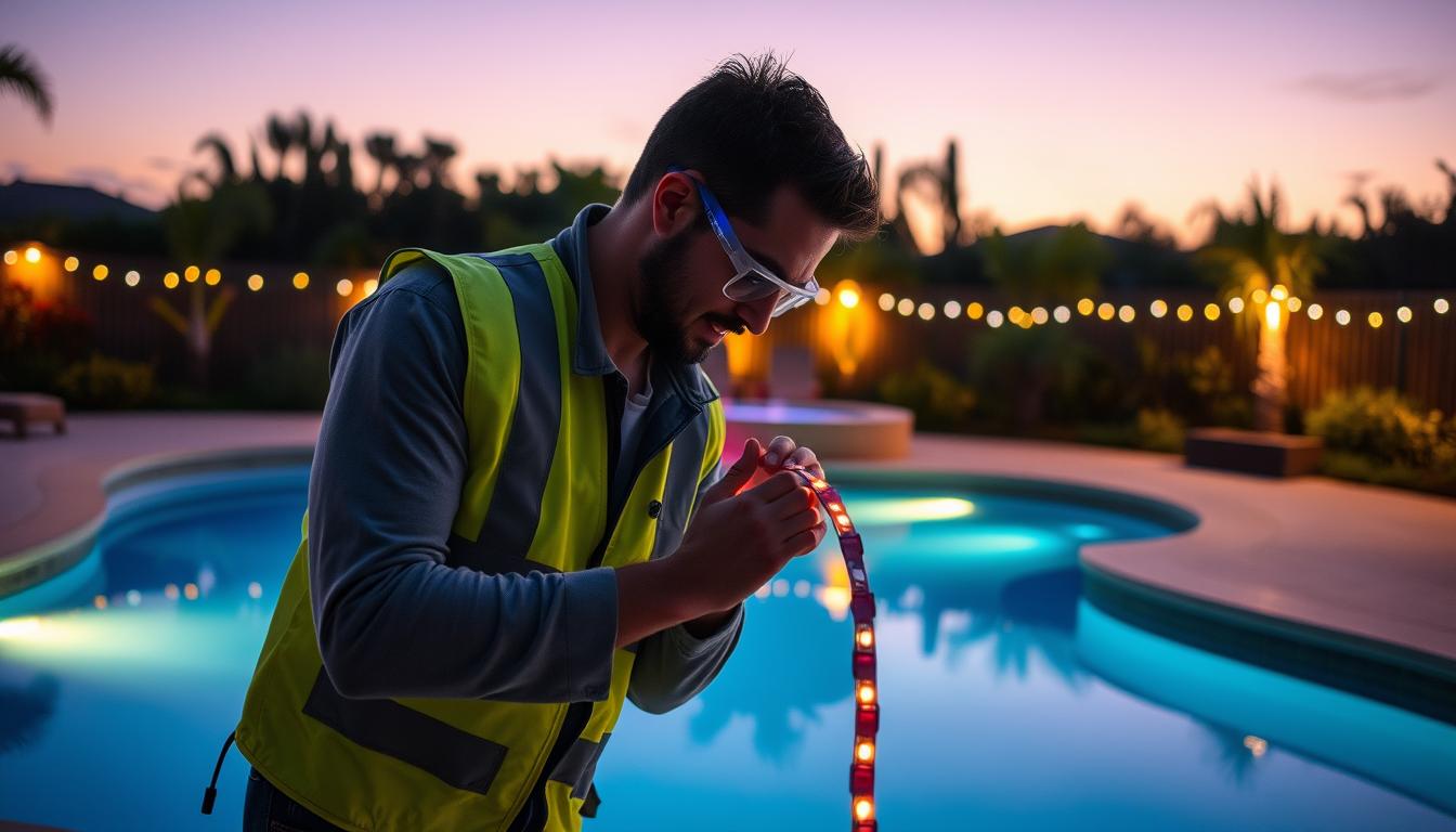 A detailed installation scene of LED strip lights around a swimming pool, showcasing the installation process. In the foreground, a professional technician wearing a utility vest and safety goggles is carefully attaching the imltlled strip lights to the pool's edge with clips. The middle ground features a partially illuminated pool with the LED lights glowing softly, casting colorful reflections on the water. The background includes lush landscaping and a twilight sky, enhancing the serene atmosphere. The scene is well-lit with a warm glow from the pool lights and a soft ambient light to create a welcoming mood. The perspective is slightly elevated, capturing the entire setup without any distractions. A detailed installation scene of LED strip lights around a swimming pool, showcasing the installation process. In the foreground, a professional technician wearing a utility vest and safety goggles is carefully attaching the imltlled strip lights to the pool's edge with clips. The middle ground features a partially illuminated pool with the LED lights glowing softly, casting colorful reflections on the water. The background includes lush landscaping and a twilight sky, enhancing the serene atmosphere. The scene is well-lit with a warm glow from the pool lights and a soft ambient light to create a welcoming mood. The perspective is slightly elevated, capturing the entire setup without any distractions.