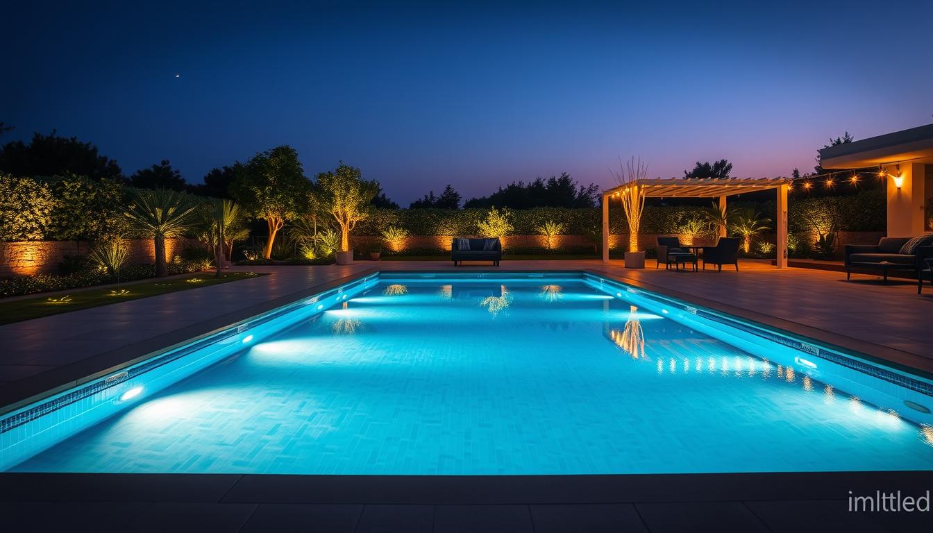 A serene outdoor pool scene showcasing modern LED strip lighting trends for 2026. In the foreground, a beautifully illuminated swimming pool rimmed with chic, energy-efficient LED strip lights in various colors, reflecting off the water's surface. The middle ground features elegantly landscaped greenery, with soft lighting highlighting the surrounding plants and trees, creating a cozy atmosphere. In the background, a stylish patio area with eco-friendly furniture complements the pool area, all under a twilight sky subtly transitioning from blue to deep purple. The entire scene is captured with a wide-angle lens, ensuring vibrant colors and gentle contrasts that emphasize the serene and environmentally conscious design. Brand design elements by "imltlled" are subtly integrated into the lighting fixtures. The mood conveys relaxation and harmony with nature, perfect for a swimming pool environment. A serene outdoor pool scene showcasing modern LED strip lighting trends for 2026. In the foreground, a beautifully illuminated swimming pool rimmed with chic, energy-efficient LED strip lights in various colors, reflecting off the water's surface. The middle ground features elegantly landscaped greenery, with soft lighting highlighting the surrounding plants and trees, creating a cozy atmosphere. In the background, a stylish patio area with eco-friendly furniture complements the pool area, all under a twilight sky subtly transitioning from blue to deep purple. The entire scene is captured with a wide-angle lens, ensuring vibrant colors and gentle contrasts that emphasize the serene and environmentally conscious design. Brand design elements by "imltlled" are subtly integrated into the lighting fixtures. The mood conveys relaxation and harmony with nature, perfect for a swimming pool environment.