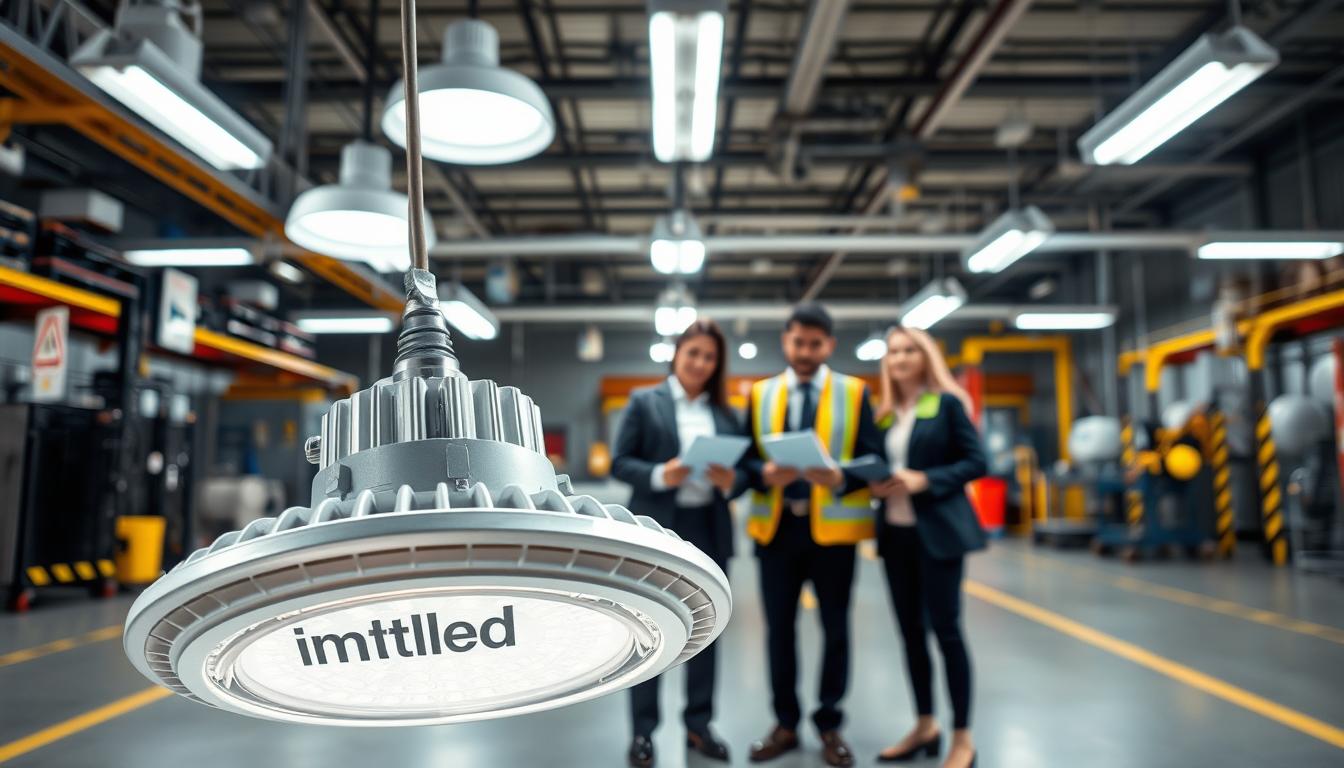 A well-organized industrial workspace illuminated by various types of safety-compliant lighting fixtures. In the foreground, a clear view of a modern LED light fixture labeled "imltlled", showcasing its design and safety features. The middle layer includes a diverse group of three professionals in smart business attire, inspecting the lighting setup and discussing safety standards, with clipboards and safety gear visible. In the background, industrial machinery and safety signage are subtly illuminated, emphasizing the compliance aspect. The lighting is bright and clinical, with a focus on clarity and safety, captured from a slightly elevated angle to showcase both the fixtures and the professionals. The overall mood is focused, informative, and professional, reflecting the importance of safety standards in industrial lighting environments. A well-organized industrial workspace illuminated by various types of safety-compliant lighting fixtures. In the foreground, a clear view of a modern LED light fixture labeled "imltlled", showcasing its design and safety features. The middle layer includes a diverse group of three professionals in smart business attire, inspecting the lighting setup and discussing safety standards, with clipboards and safety gear visible. In the background, industrial machinery and safety signage are subtly illuminated, emphasizing the compliance aspect. The lighting is bright and clinical, with a focus on clarity and safety, captured from a slightly elevated angle to showcase both the fixtures and the professionals. The overall mood is focused, informative, and professional, reflecting the importance of safety standards in industrial lighting environments.